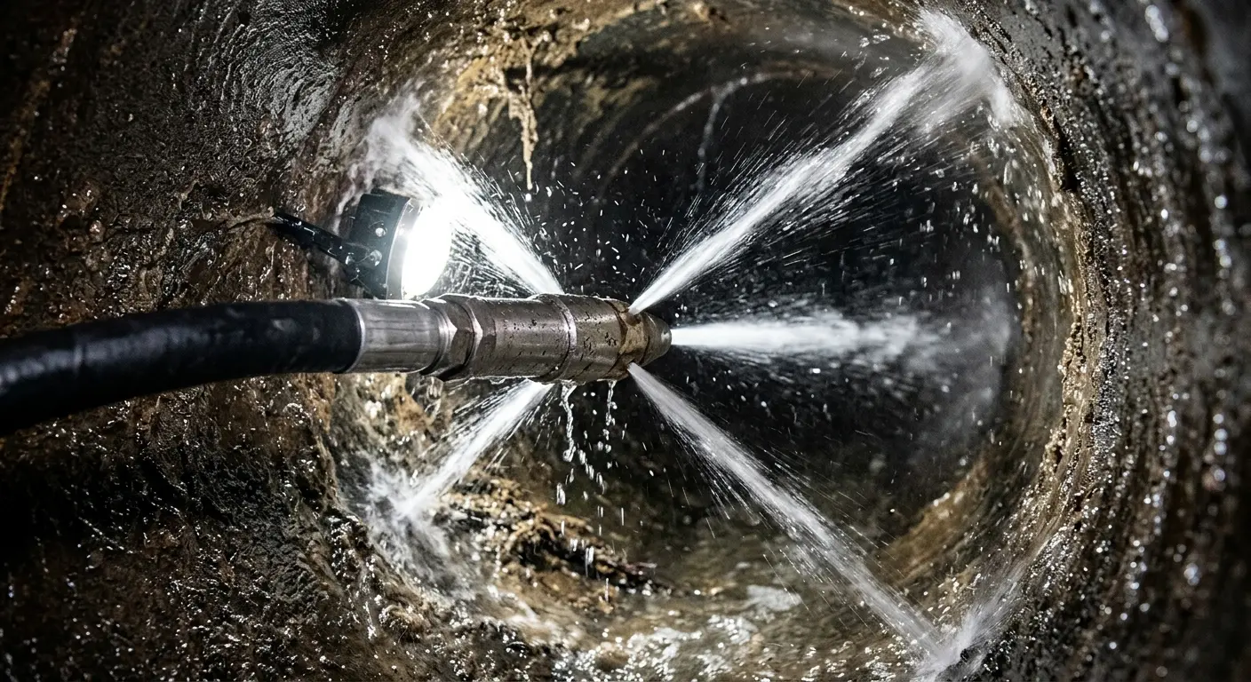 High-pressure hydro jetting nozzle cleaning sewer pipe for Sewer Cleanout in Thomson