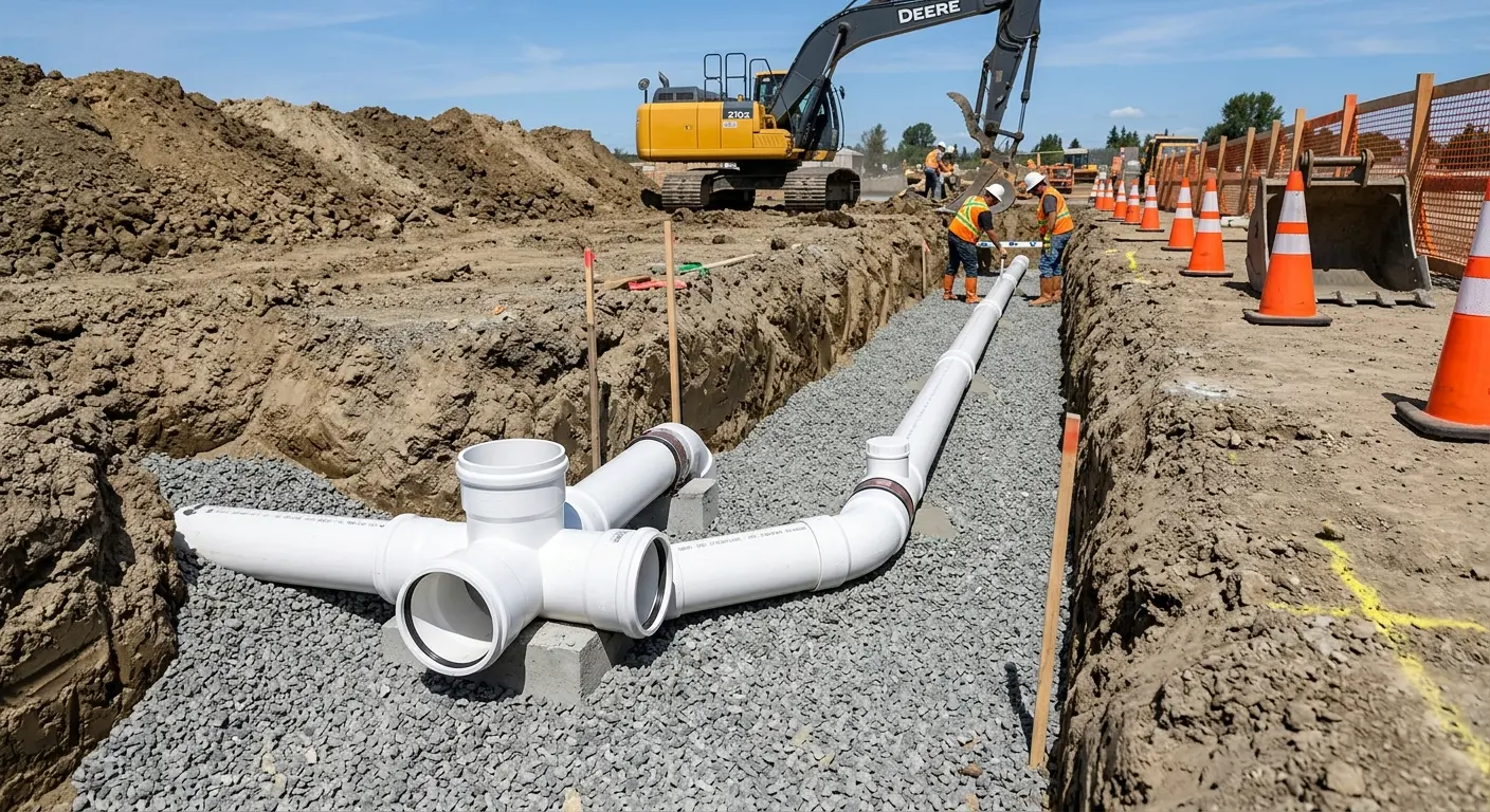 New PVC sewer pipe installation in open trench for Commercial Drain Cleaning in Thomson