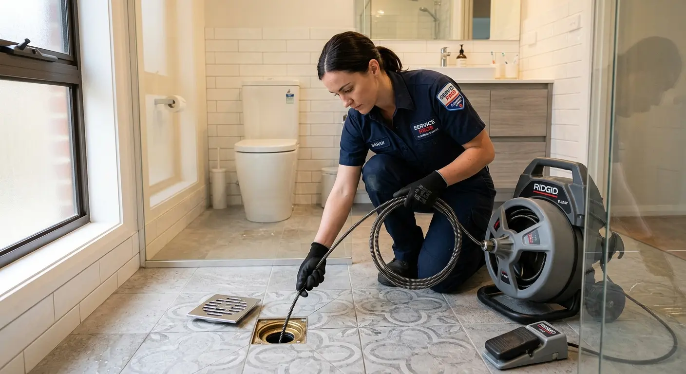 Technician clearing a bathroom floor drain for Drain Cleaning in Thomson
